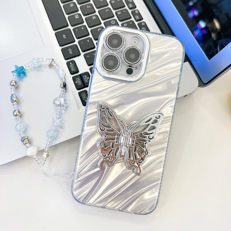 For iPhone 15 Pro Max Plating Glitter Lens Film Texture Butterfly Holder Wristband Phone Case