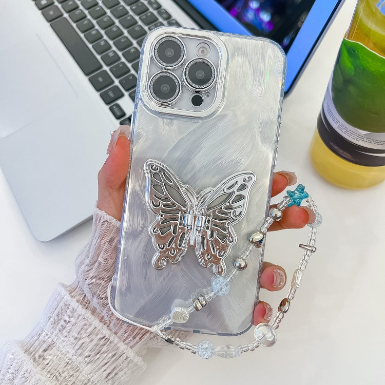 For iPhone 15 Pro Max Plating Glitter Lens Film Texture Butterfly Holder Wristband Phone Case