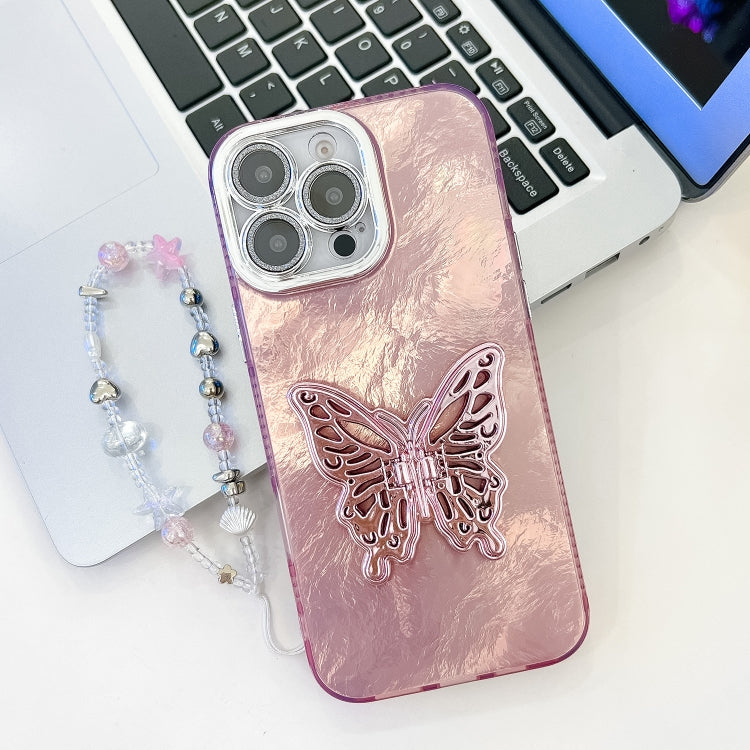 For iPhone 15 Pro Max Plating Glitter Lens Film Texture Butterfly Holder Wristband Phone Case