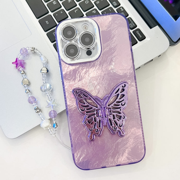 For iPhone 15 Pro Plating Glitter Lens Film Texture Butterfly Holder Wristband Phone Case