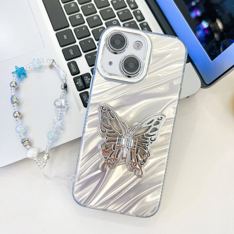 For iPhone 15 Plating Glitter Lens Film Texture Butterfly Holder Wristband Phone Case