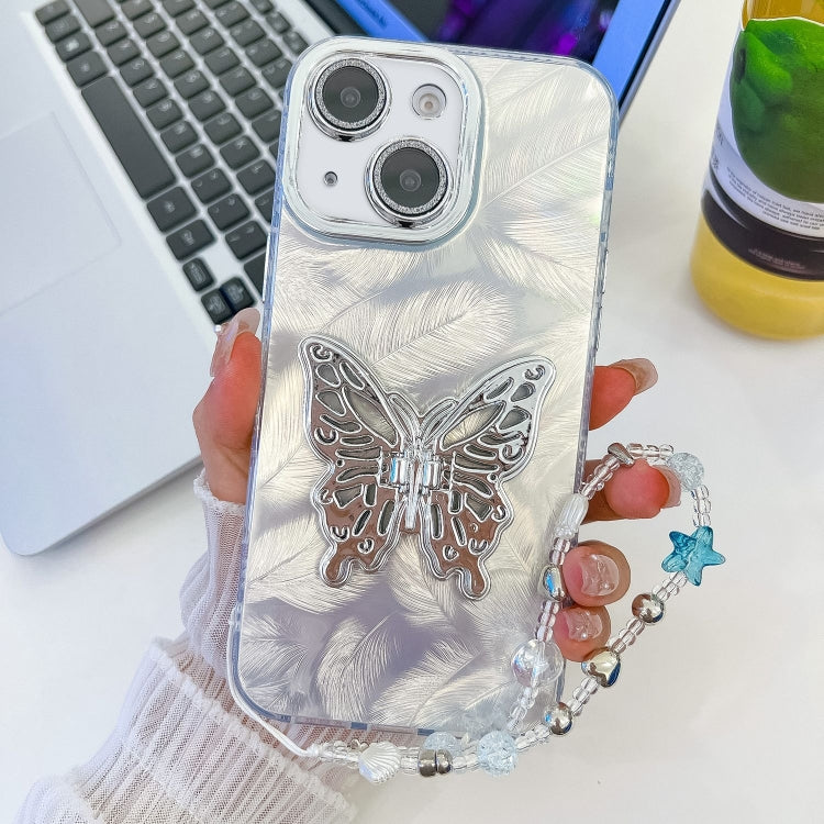 For iPhone 15 Plating Glitter Lens Film Texture Butterfly Holder Wristband Phone Case