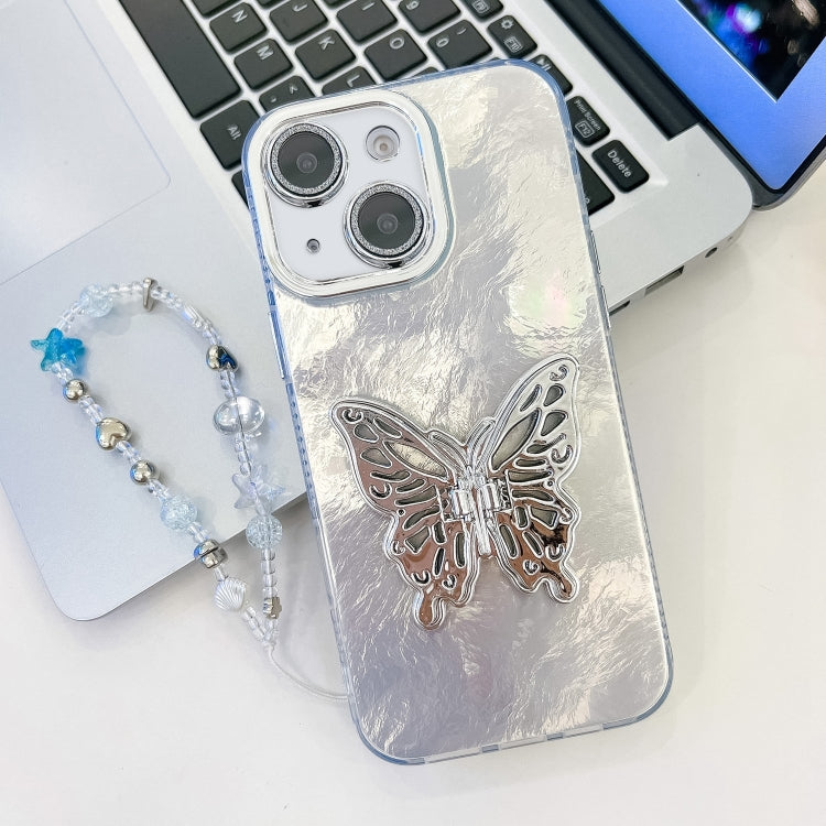 For iPhone 15 Plating Glitter Lens Film Texture Butterfly Holder Wristband Phone Case