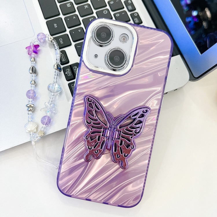 For iPhone 14 Plating Glitter Lens Film Texture Butterfly Holder Wristband Phone Case