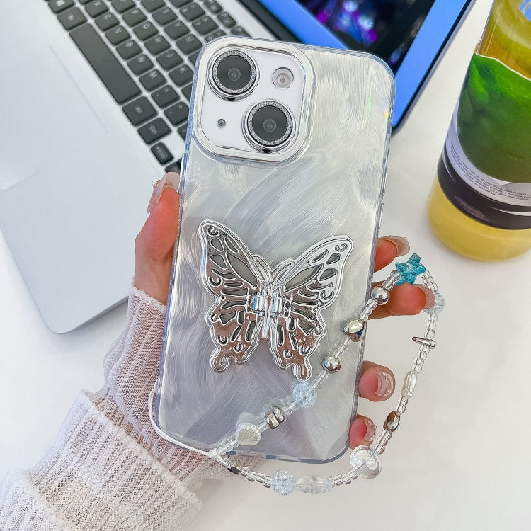 For iPhone 14 Plating Glitter Lens Film Texture Butterfly Holder Wristband Phone Case