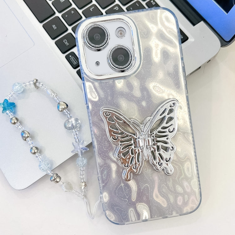 For iPhone 14 Plating Glitter Lens Film Texture Butterfly Holder Wristband Phone Case