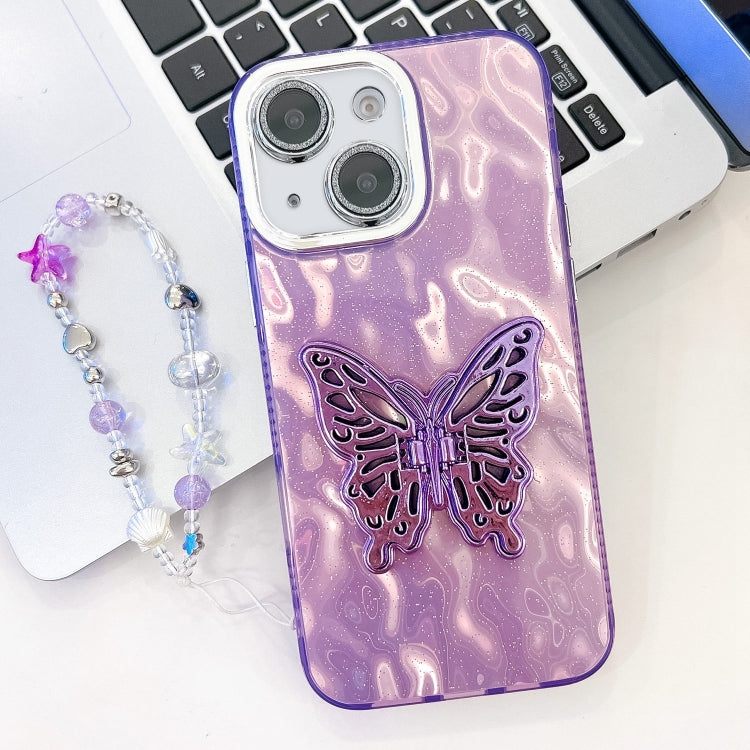 For iPhone 14 Plating Glitter Lens Film Texture Butterfly Holder Wristband Phone Case