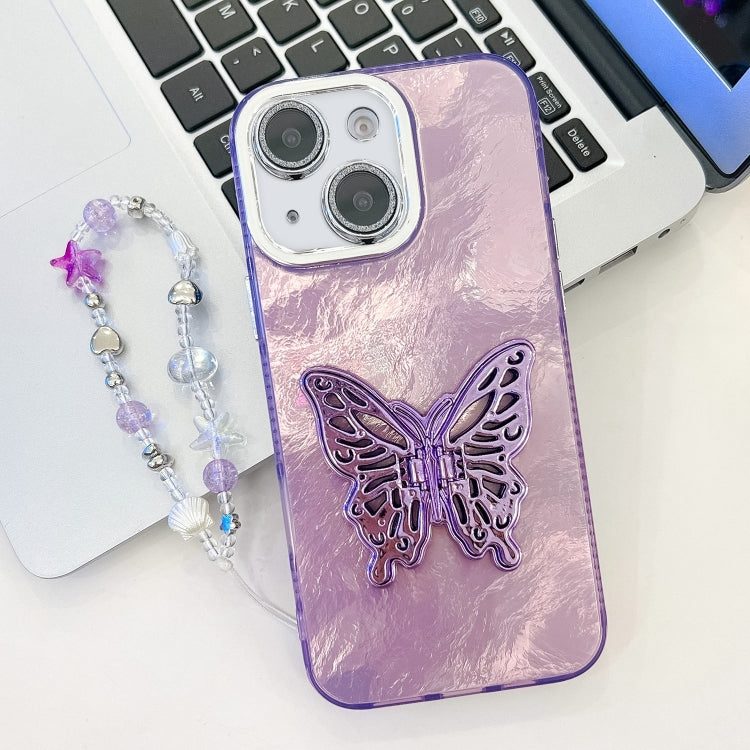 For iPhone 14 Plating Glitter Lens Film Texture Butterfly Holder Wristband Phone Case