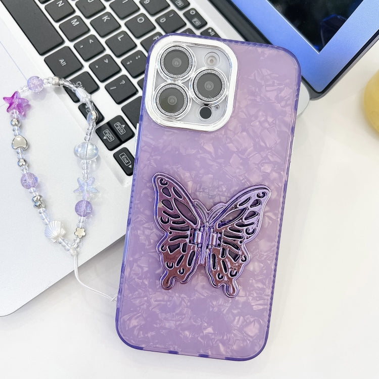 For iPhone 14 Pro Plating Glitter Lens Film Texture Butterfly Holder Wristband Phone Case