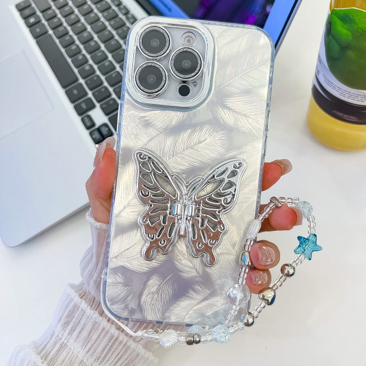 For iPhone 14 Pro Plating Glitter Lens Film Texture Butterfly Holder Wristband Phone Case