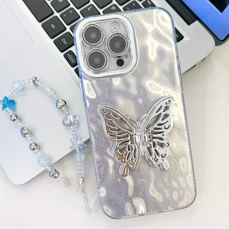 For iPhone 14 Pro Plating Glitter Lens Film Texture Butterfly Holder Wristband Phone Case