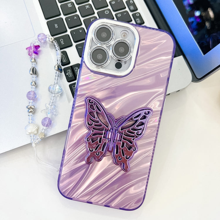 For iPhone 14 Pro Max Plating Glitter Lens Film Texture Butterfly Holder Wristband Phone Case