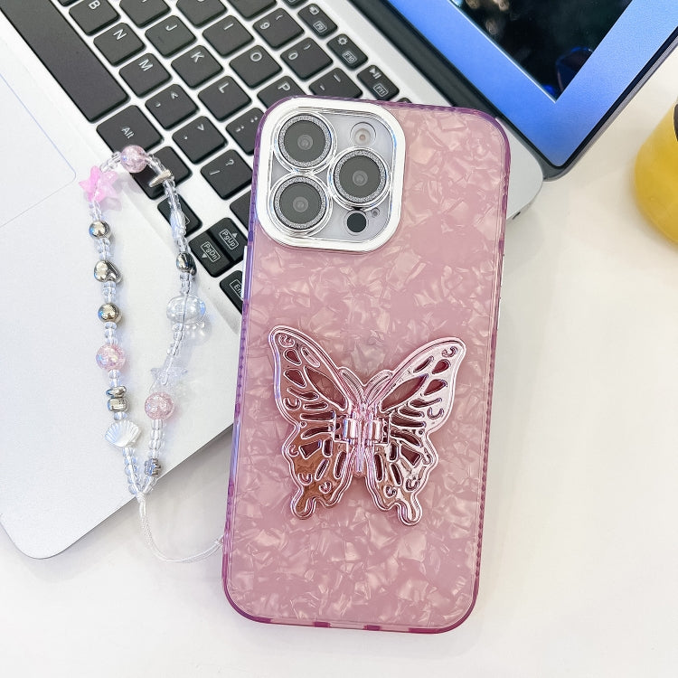 For iPhone 14 Pro Max Plating Glitter Lens Film Texture Butterfly Holder Wristband Phone Case