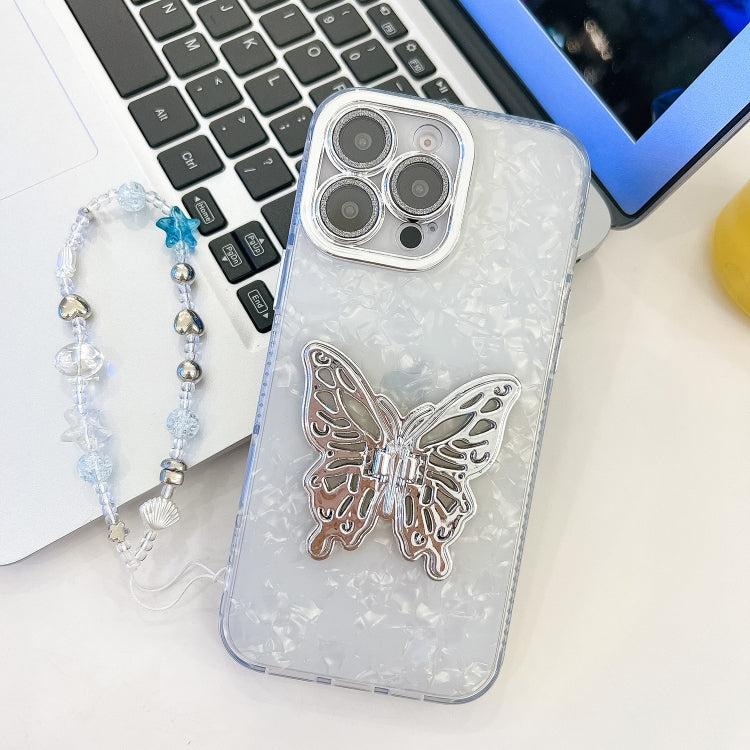 For iPhone 13 Pro Max Plating Glitter Lens Film Texture Butterfly Holder Wristband Phone Case