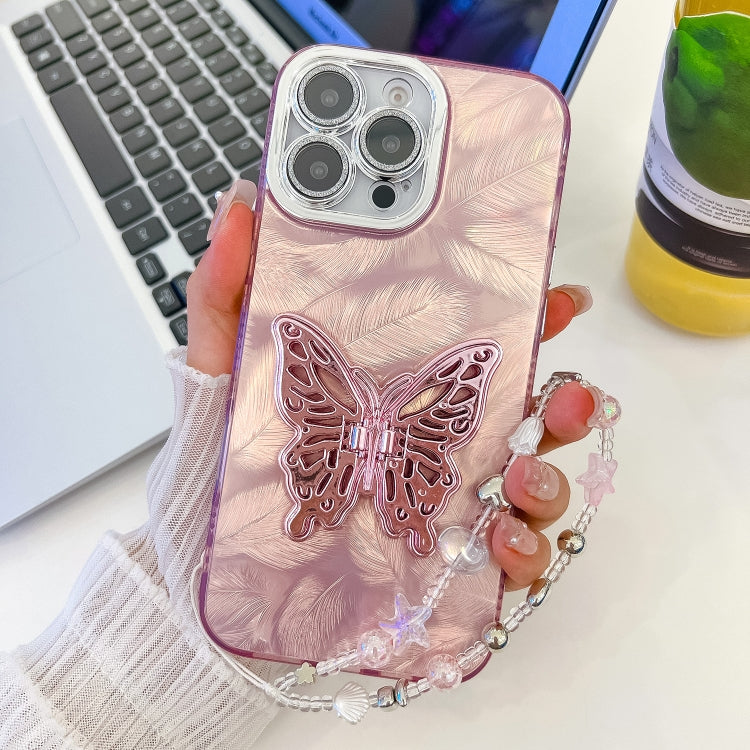 For iPhone 13 Pro Max Plating Glitter Lens Film Texture Butterfly Holder Wristband Phone Case
