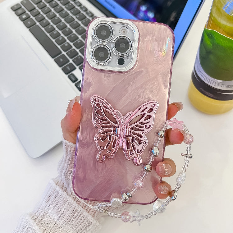 For iPhone 13 Pro Max Plating Glitter Lens Film Texture Butterfly Holder Wristband Phone Case
