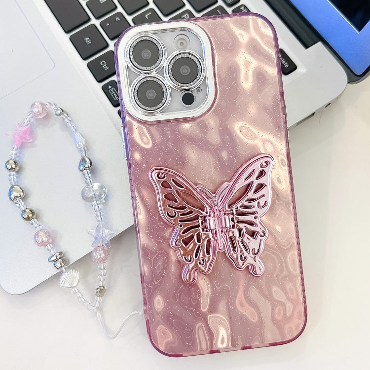 For iPhone 13 Pro Max Plating Glitter Lens Film Texture Butterfly Holder Wristband Phone Case