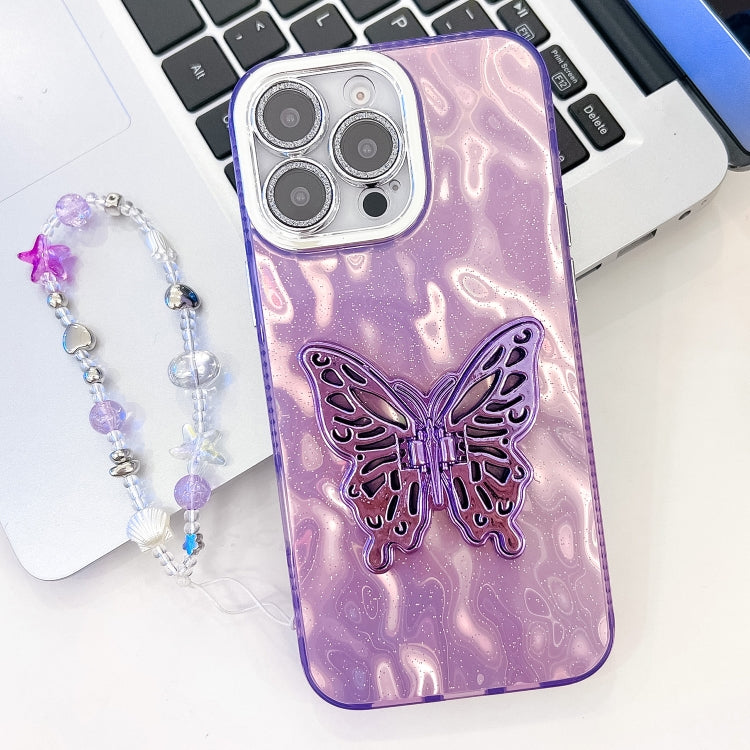 For iPhone 13 Pro Max Plating Glitter Lens Film Texture Butterfly Holder Wristband Phone Case