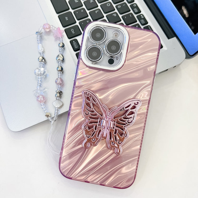 For iPhone 13 Pro Plating Glitter Lens Film Texture Butterfly Holder Wristband Phone Case