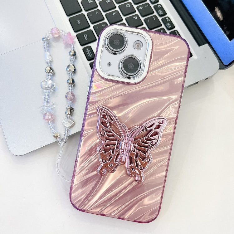 For iPhone 13 Plating Glitter Lens Film Texture Butterfly Holder Wristband Phone Case