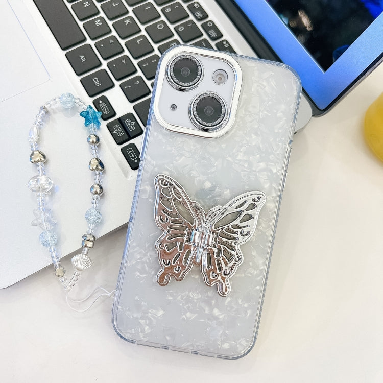 For iPhone 13 Plating Glitter Lens Film Texture Butterfly Holder Wristband Phone Case