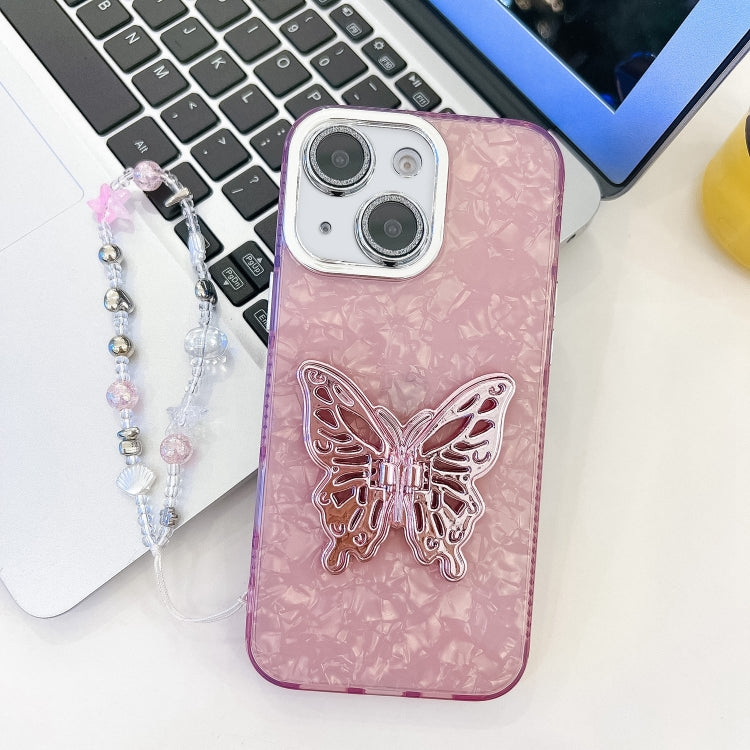 For iPhone 13 Plating Glitter Lens Film Texture Butterfly Holder Wristband Phone Case