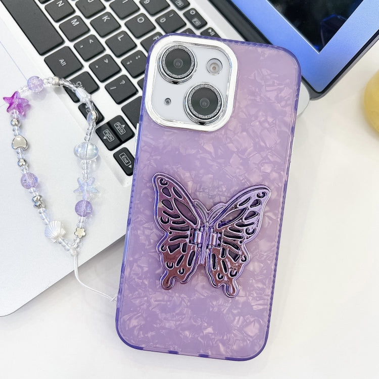 For iPhone 13 Plating Glitter Lens Film Texture Butterfly Holder Wristband Phone Case