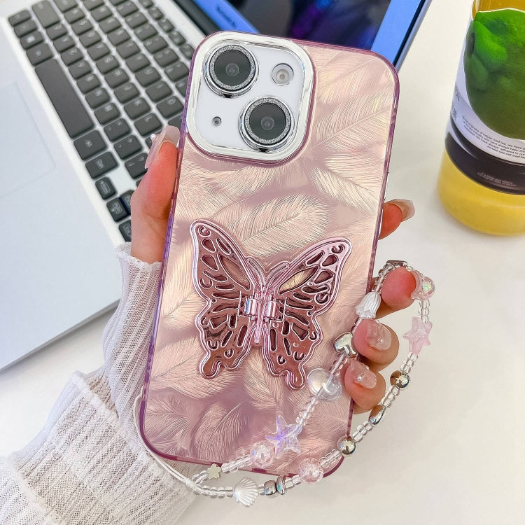 For iPhone 13 Plating Glitter Lens Film Texture Butterfly Holder Wristband Phone Case