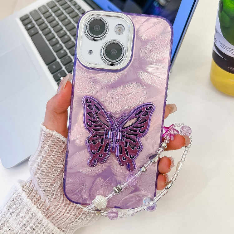 For iPhone 13 Plating Glitter Lens Film Texture Butterfly Holder Wristband Phone Case
