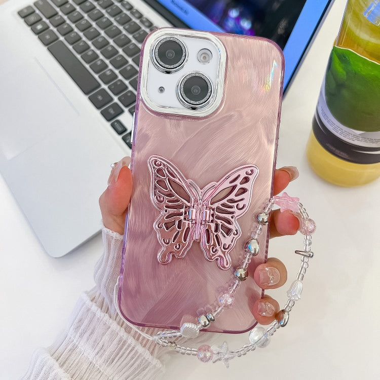 For iPhone 13 Plating Glitter Lens Film Texture Butterfly Holder Wristband Phone Case