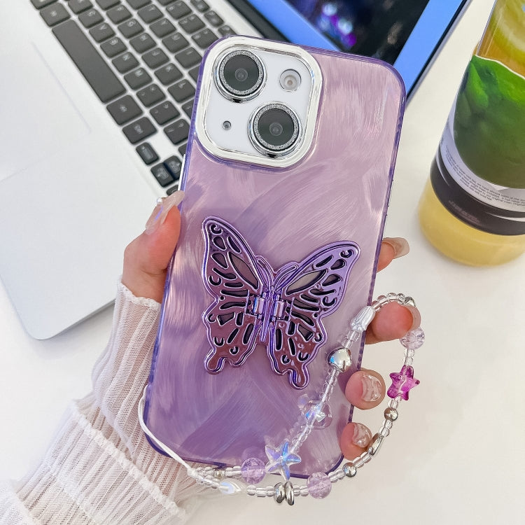 For iPhone 13 Plating Glitter Lens Film Texture Butterfly Holder Wristband Phone Case