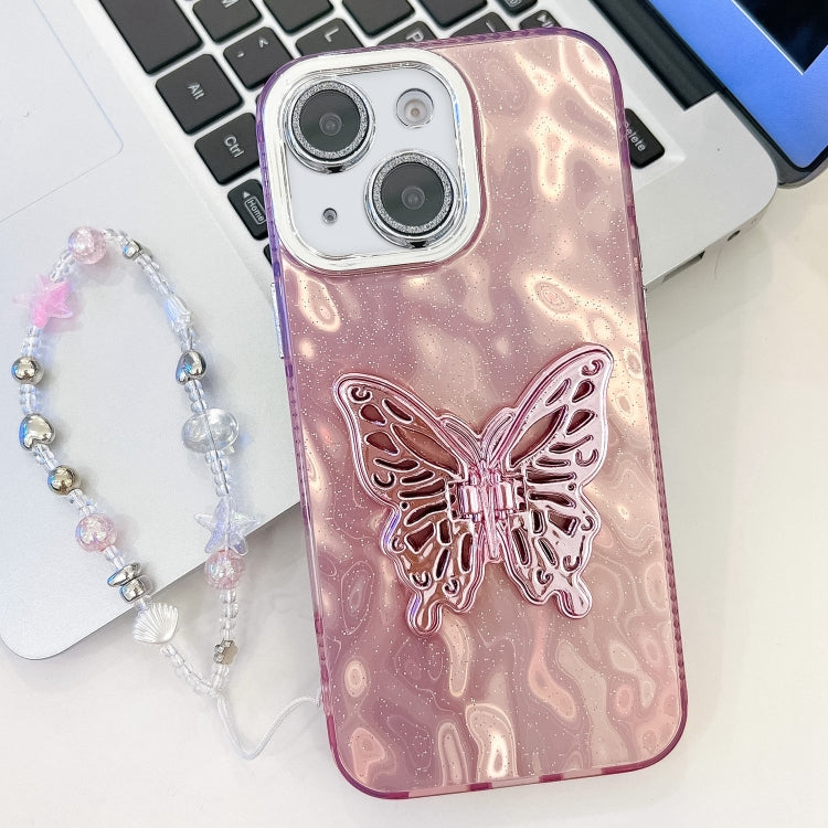 For iPhone 13 Plating Glitter Lens Film Texture Butterfly Holder Wristband Phone Case