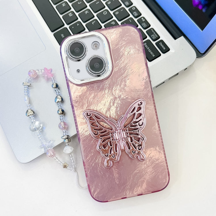 For iPhone 13 Plating Glitter Lens Film Texture Butterfly Holder Wristband Phone Case
