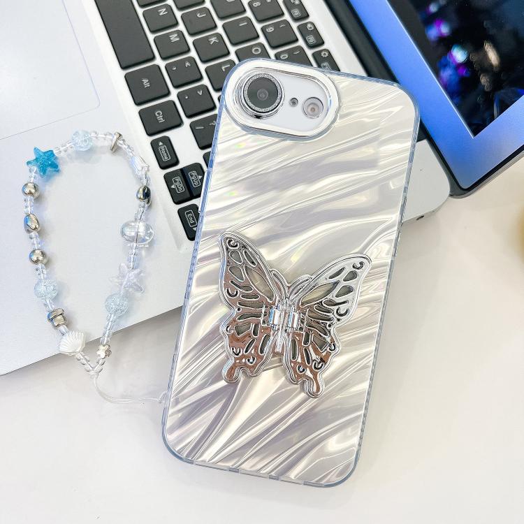 For iPhone 17e / 16e Plating Glitter Lens Film Texture Butterfly Holder Wristband Phone Case