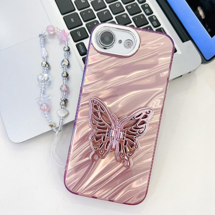 For iPhone 17e / 16e Plating Glitter Lens Film Texture Butterfly Holder Wristband Phone Case