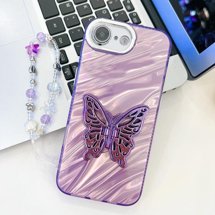 For iPhone 17e / 16e Plating Glitter Lens Film Texture Butterfly Holder Wristband Phone Case