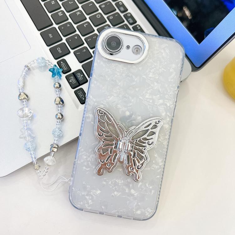 For iPhone 17e / 16e Plating Glitter Lens Film Texture Butterfly Holder Wristband Phone Case
