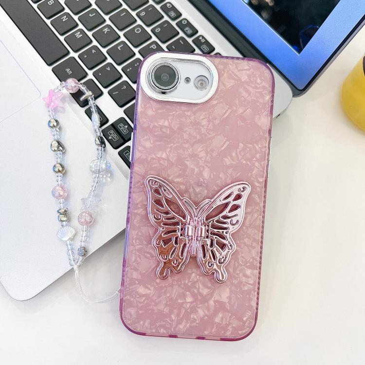 For iPhone 17e / 16e Plating Glitter Lens Film Texture Butterfly Holder Wristband Phone Case