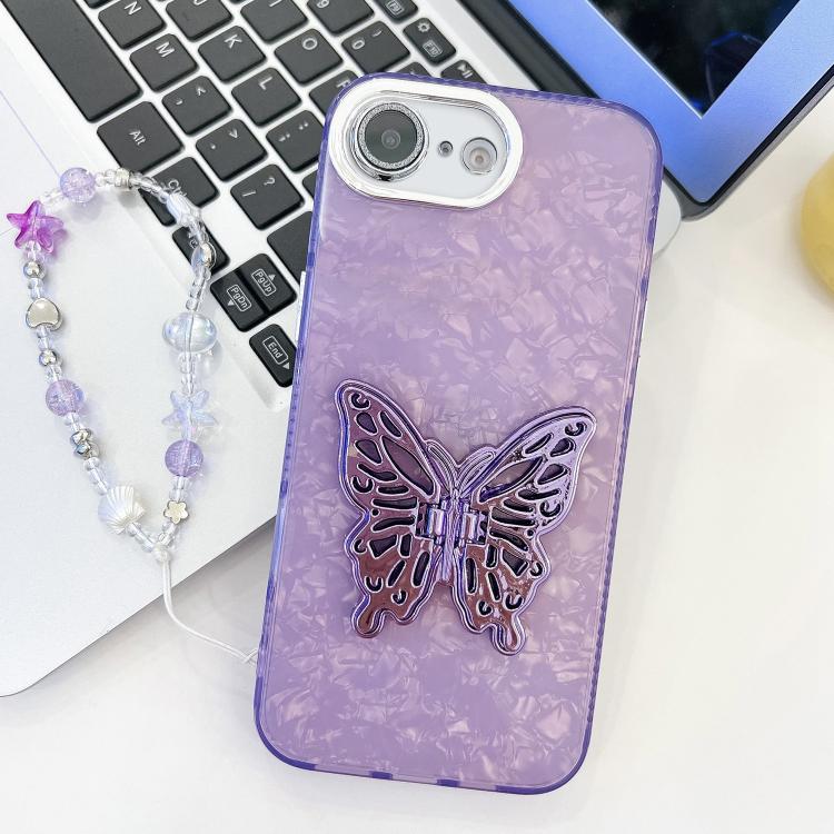 For iPhone 17e / 16e Plating Glitter Lens Film Texture Butterfly Holder Wristband Phone Case