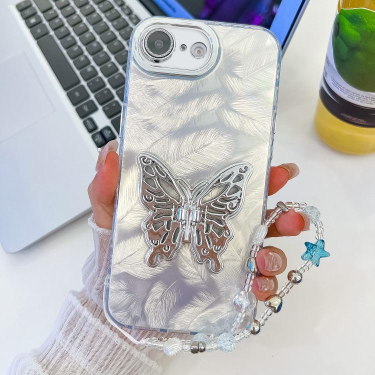 For iPhone 17e / 16e Plating Glitter Lens Film Texture Butterfly Holder Wristband Phone Case