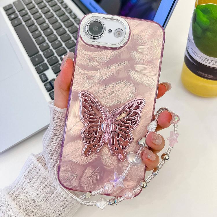 For iPhone 17e / 16e Plating Glitter Lens Film Texture Butterfly Holder Wristband Phone Case