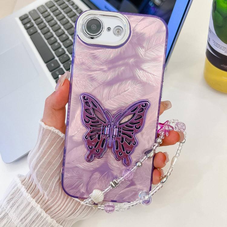 For iPhone 17e / 16e Plating Glitter Lens Film Texture Butterfly Holder Wristband Phone Case