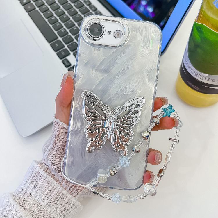 For iPhone 17e / 16e Plating Glitter Lens Film Texture Butterfly Holder Wristband Phone Case