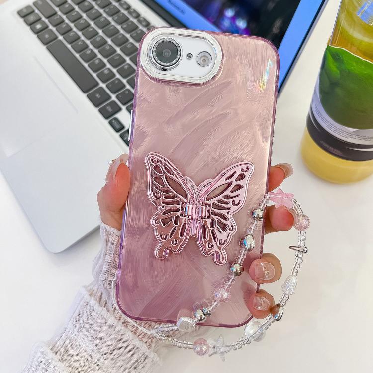 For iPhone 17e / 16e Plating Glitter Lens Film Texture Butterfly Holder Wristband Phone Case