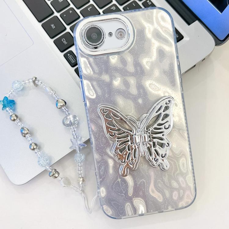 For iPhone 17e / 16e Plating Glitter Lens Film Texture Butterfly Holder Wristband Phone Case
