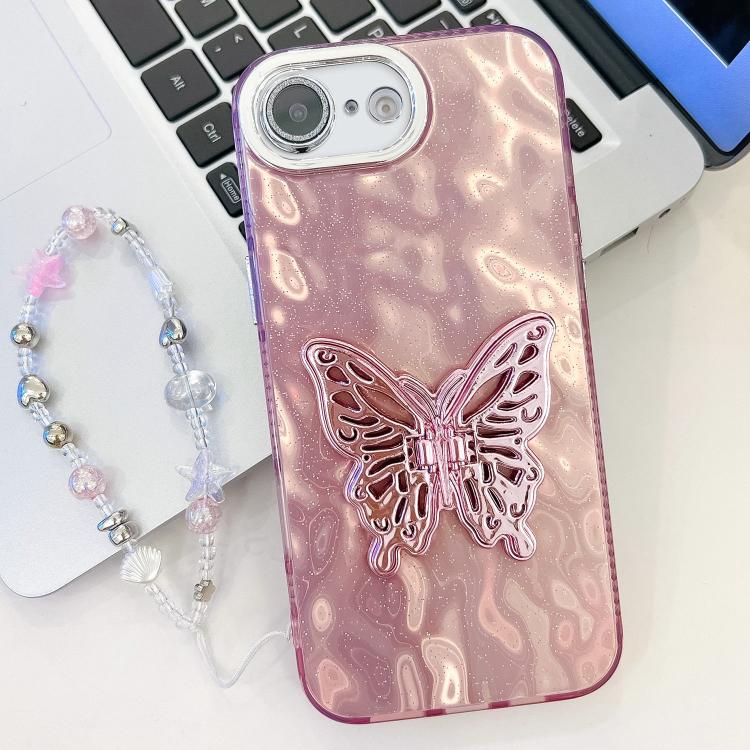For iPhone 17e / 16e Plating Glitter Lens Film Texture Butterfly Holder Wristband Phone Case