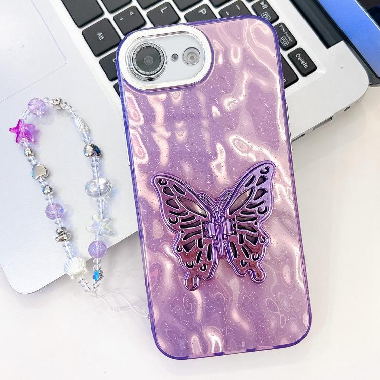 For iPhone 17e / 16e Plating Glitter Lens Film Texture Butterfly Holder Wristband Phone Case