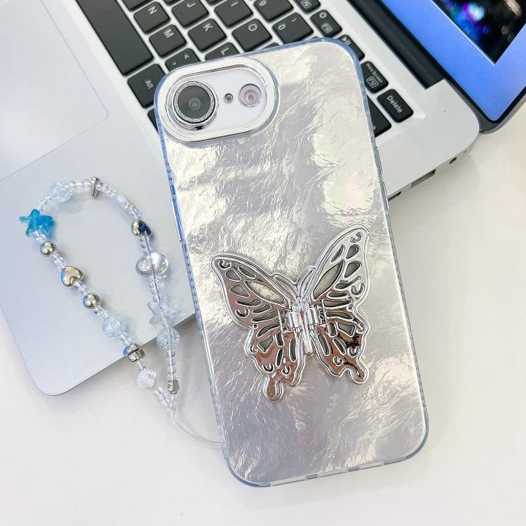 For iPhone 17e / 16e Plating Glitter Lens Film Texture Butterfly Holder Wristband Phone Case