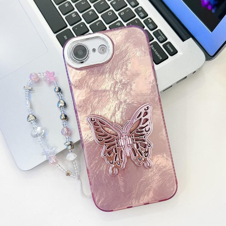 For iPhone 17e / 16e Plating Glitter Lens Film Texture Butterfly Holder Wristband Phone Case
