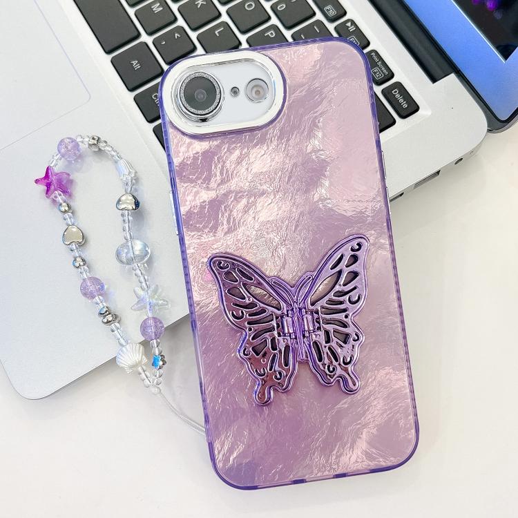 For iPhone 17e / 16e Plating Glitter Lens Film Texture Butterfly Holder Wristband Phone Case